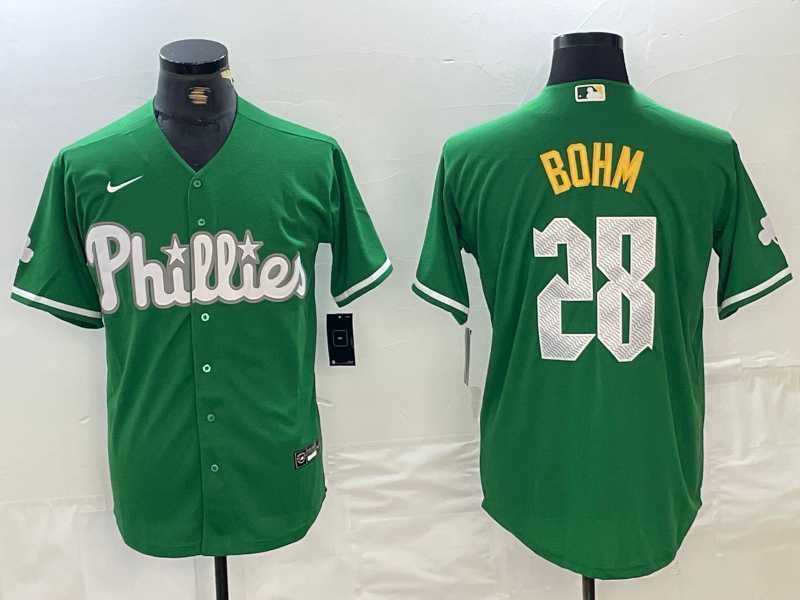 Men%27s Philadelphia Phillies #28 Alec Bohm Kelly Green Cool Base Jersey
